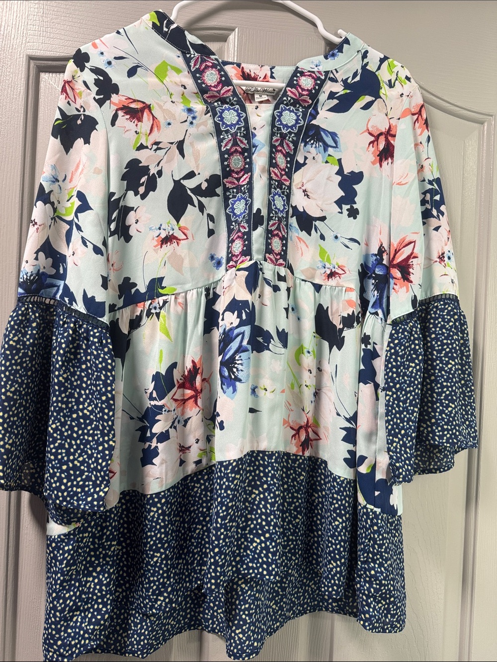 Floral Peasant Blouse with Embroidered Placket - Light Blue